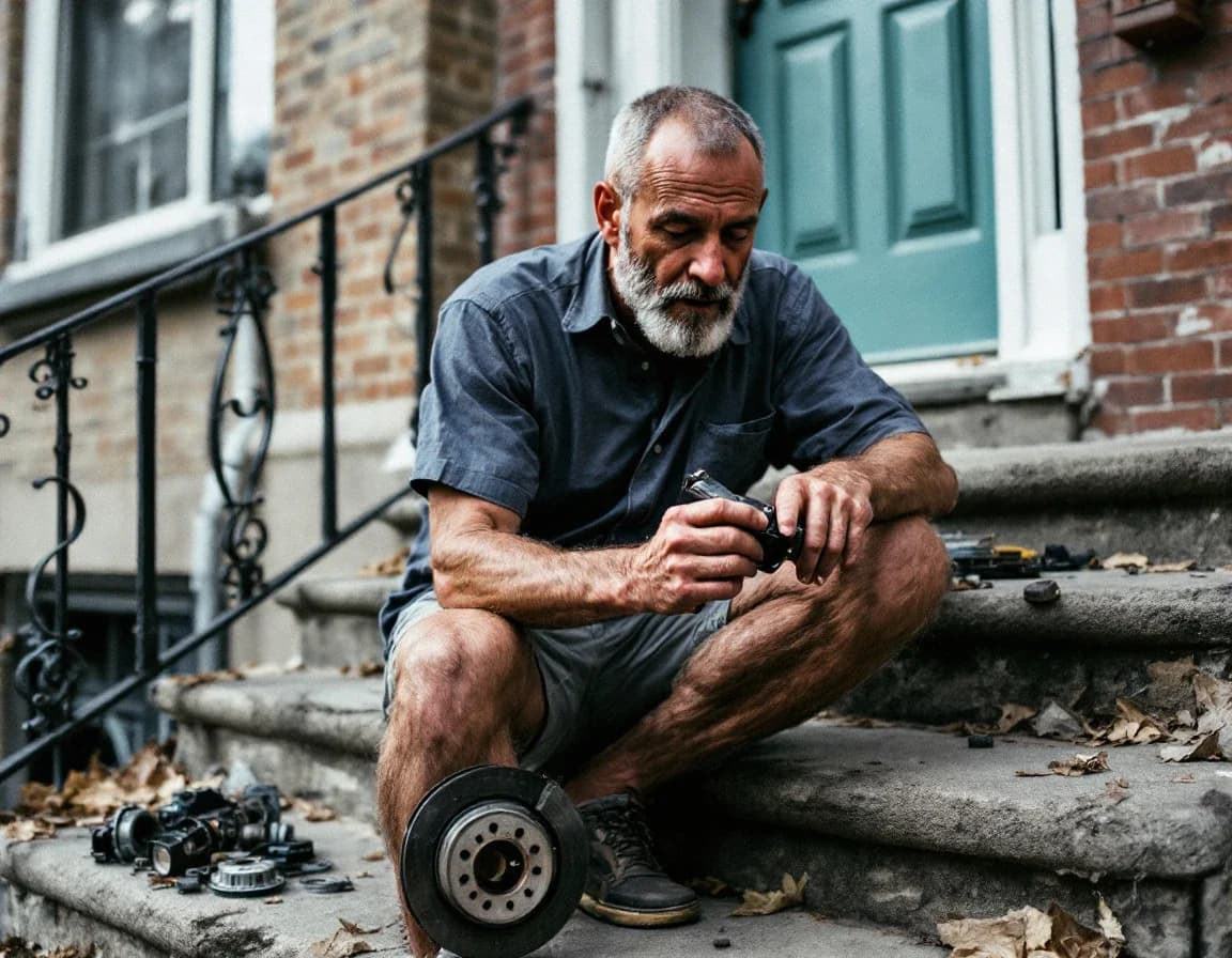 A man looks over brake parts laid out on his rowhome front steps.