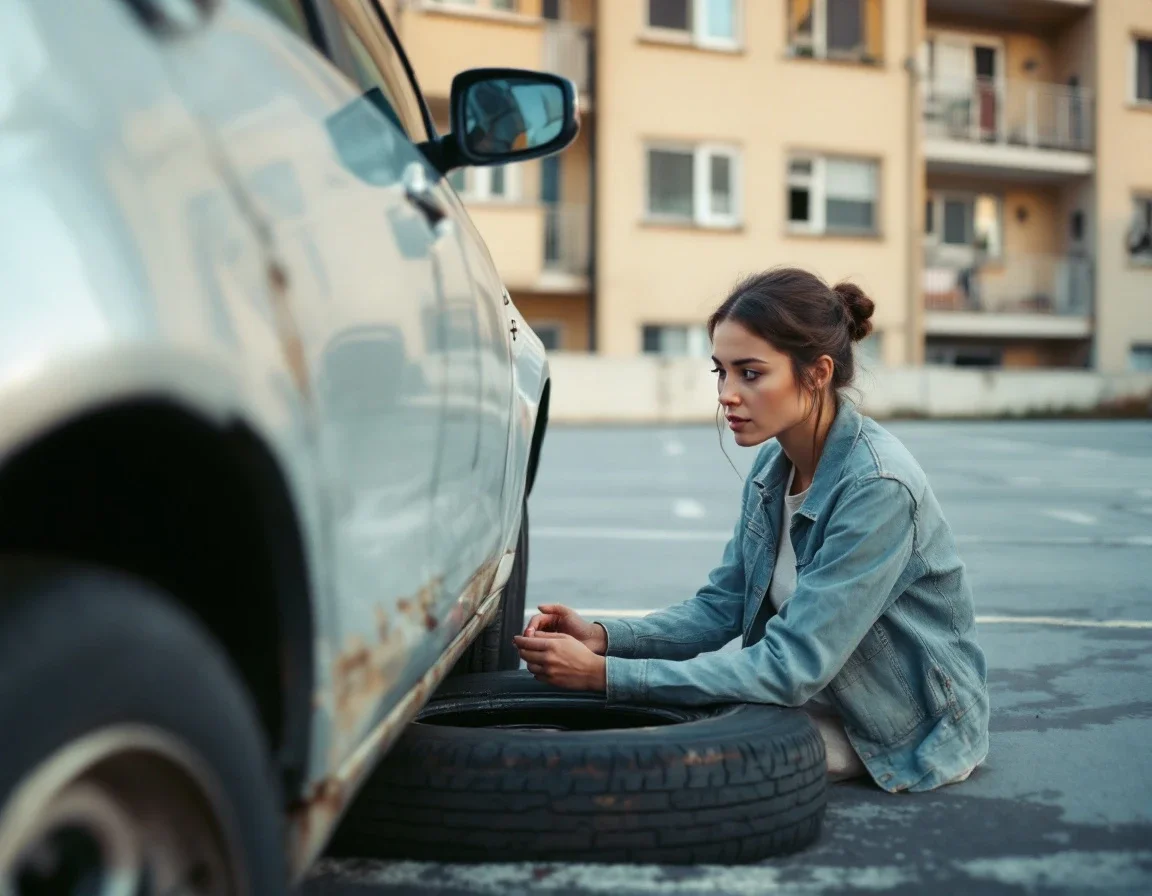 A woman crouches beside her car's flat tire in an apartment parking lot.
