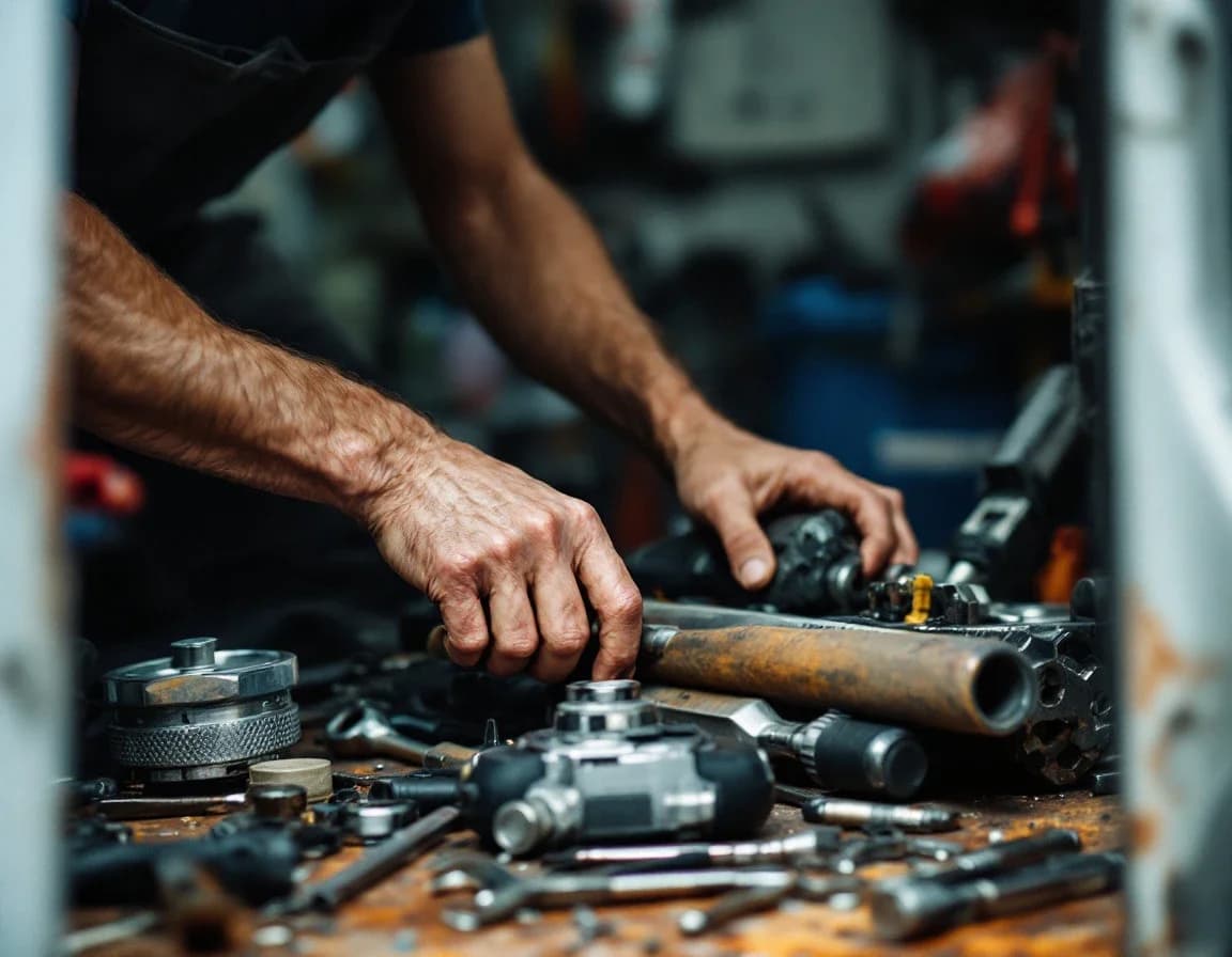A mobile mechanic loads tools into the back of his van.
