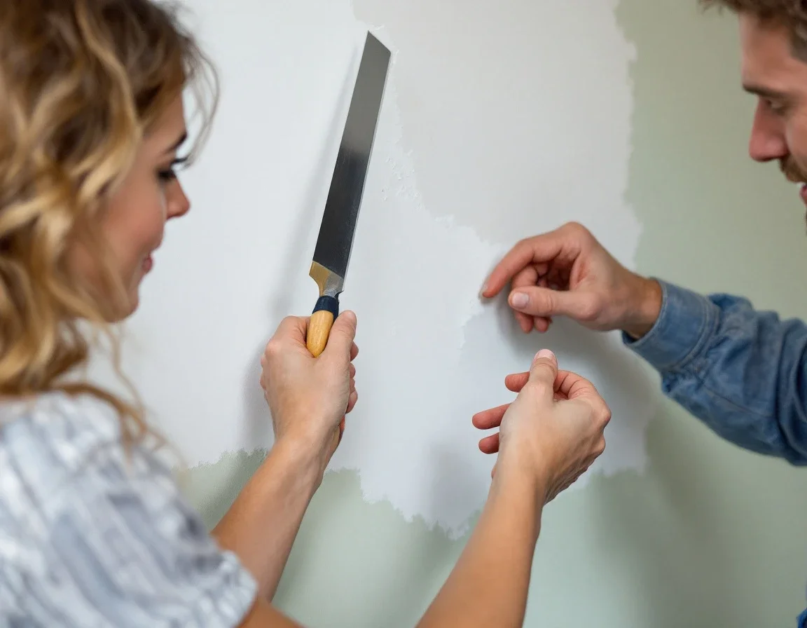 A woman holds a drywall knife up to a patched wall while a handyman beside her shows the angle with his hand.