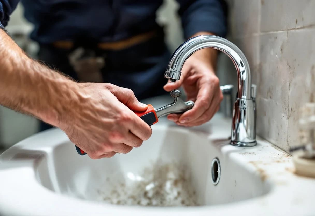 A plumber finishes installing a bathroom faucet while the homeowner hands him a tool.