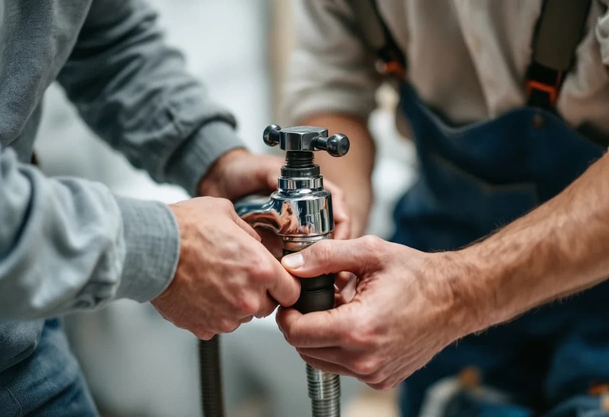 A homeowner tightens a faucet nut while a plumber steadies the pipe beside them.