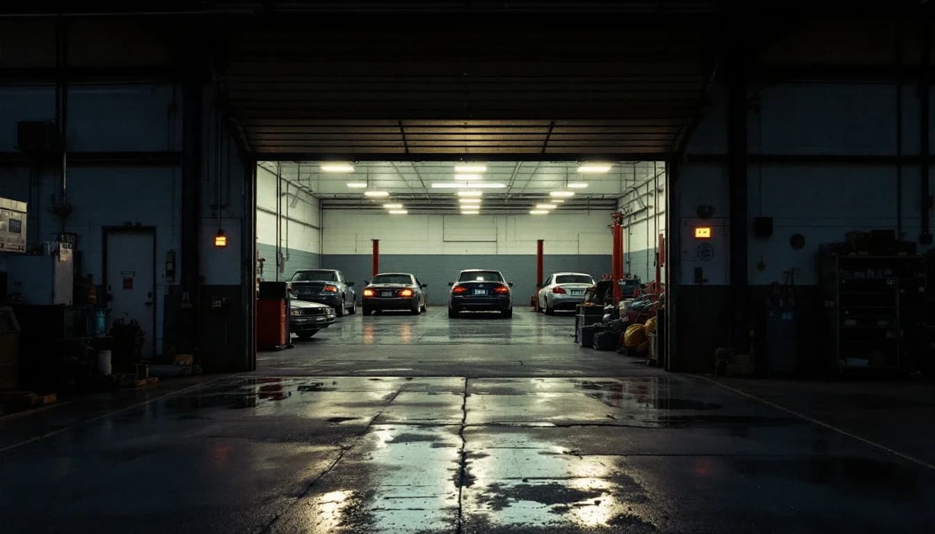 An independent auto shop at dusk, lights on, lift bays empty and ready.