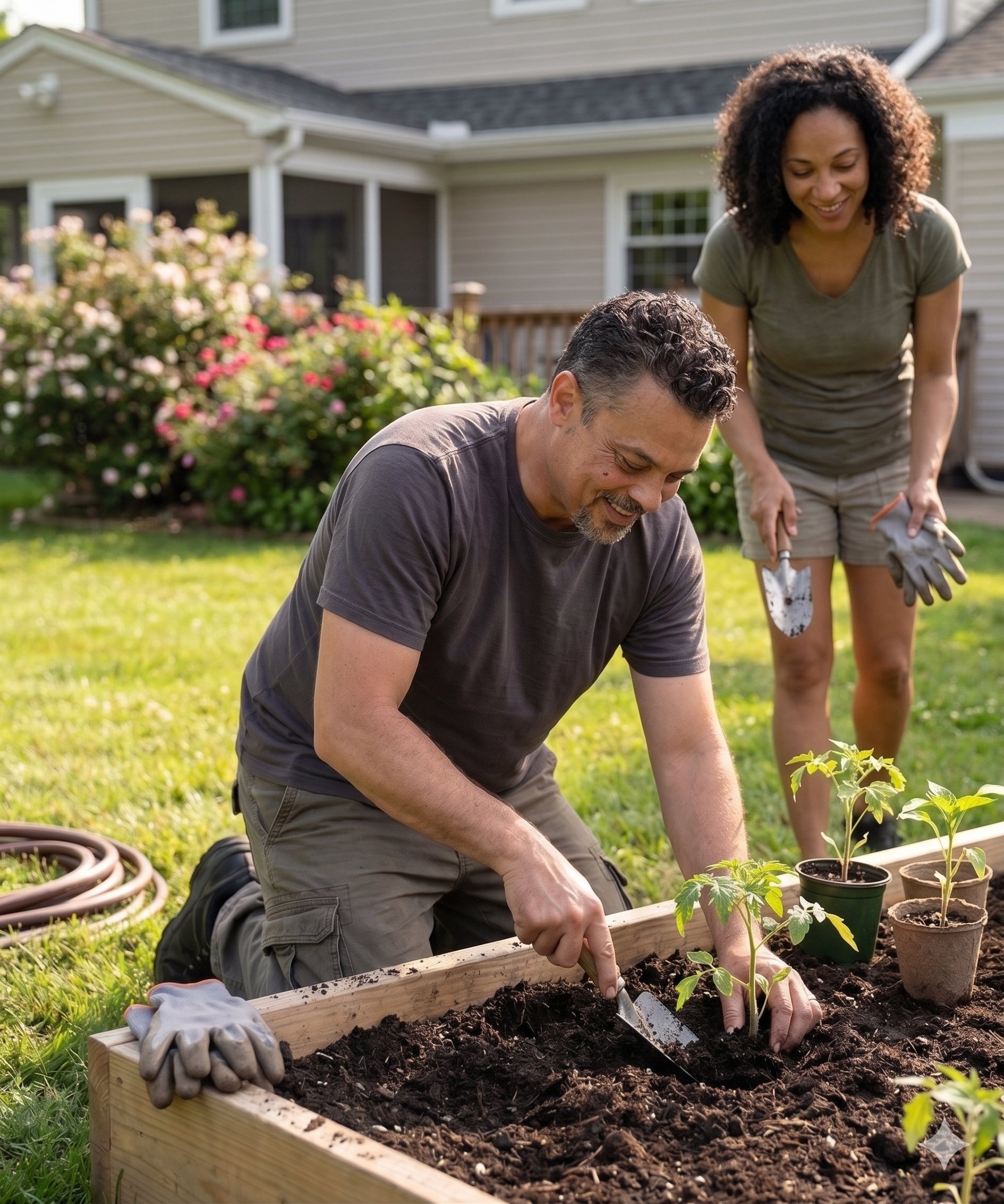 A provider helping someone plant in a raised garden bed